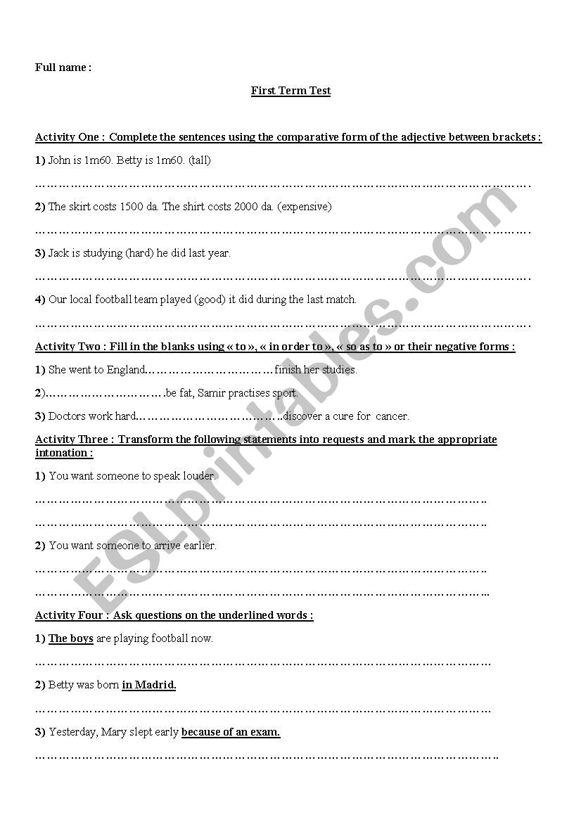 1st year test worksheet