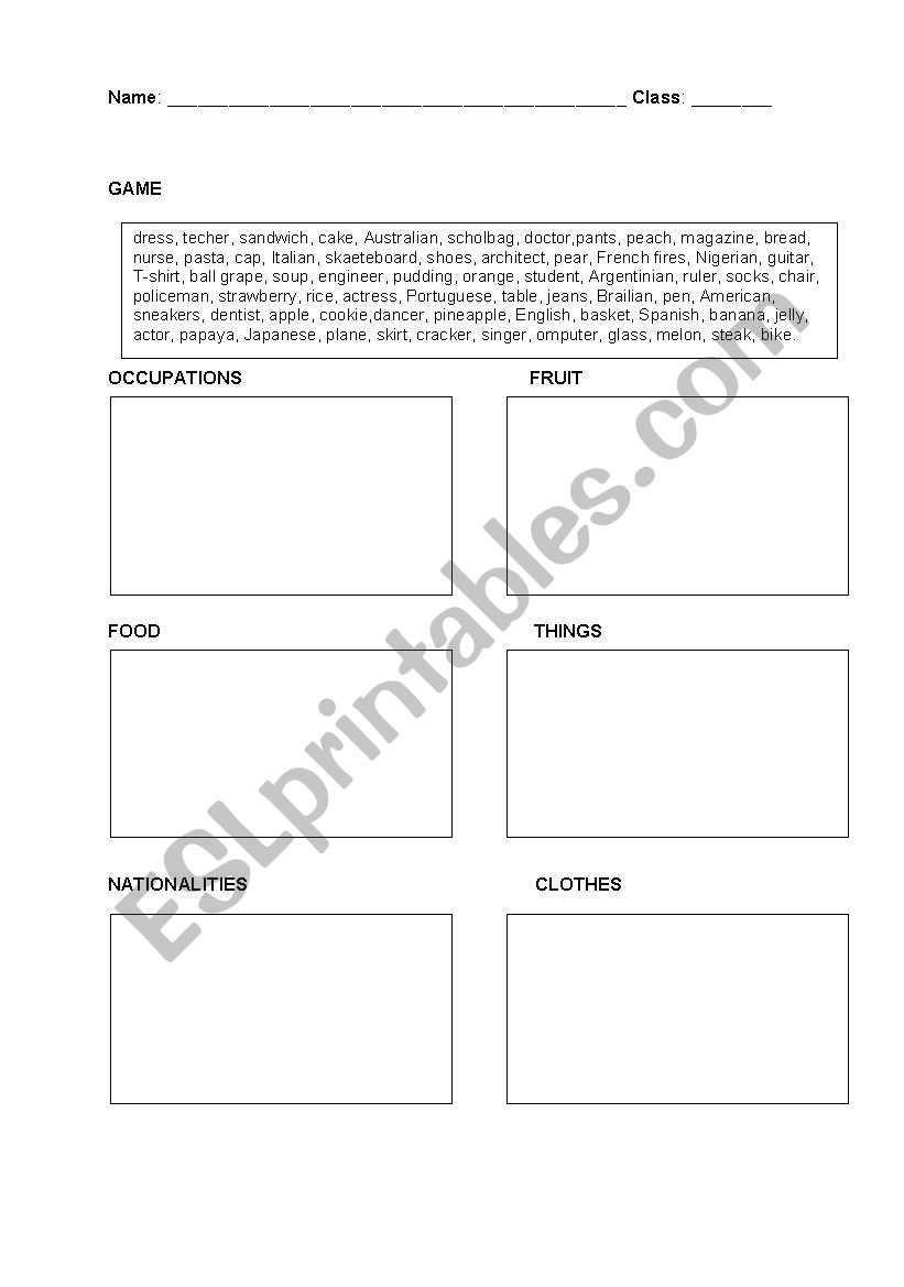 Game worksheet