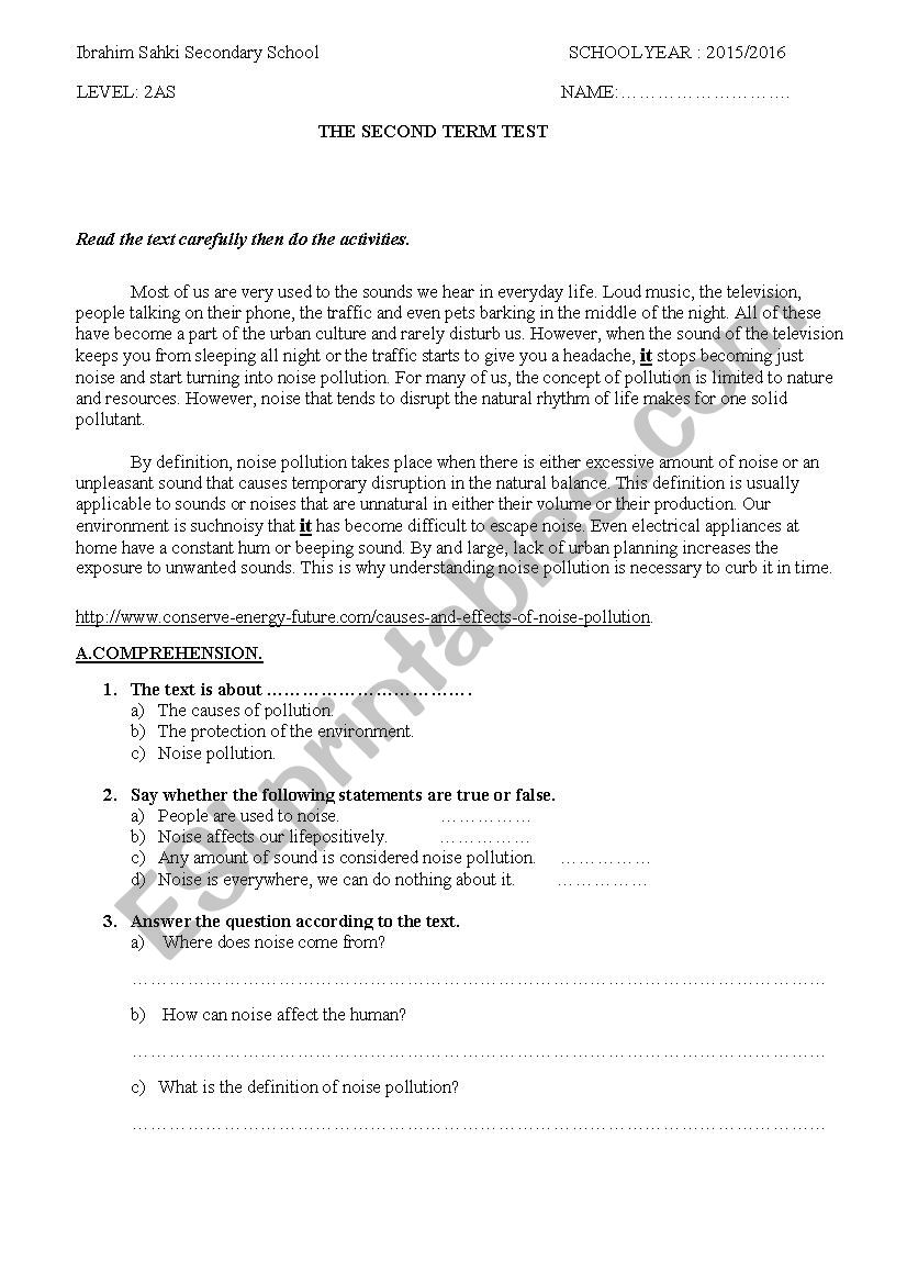 noise pollution worksheet