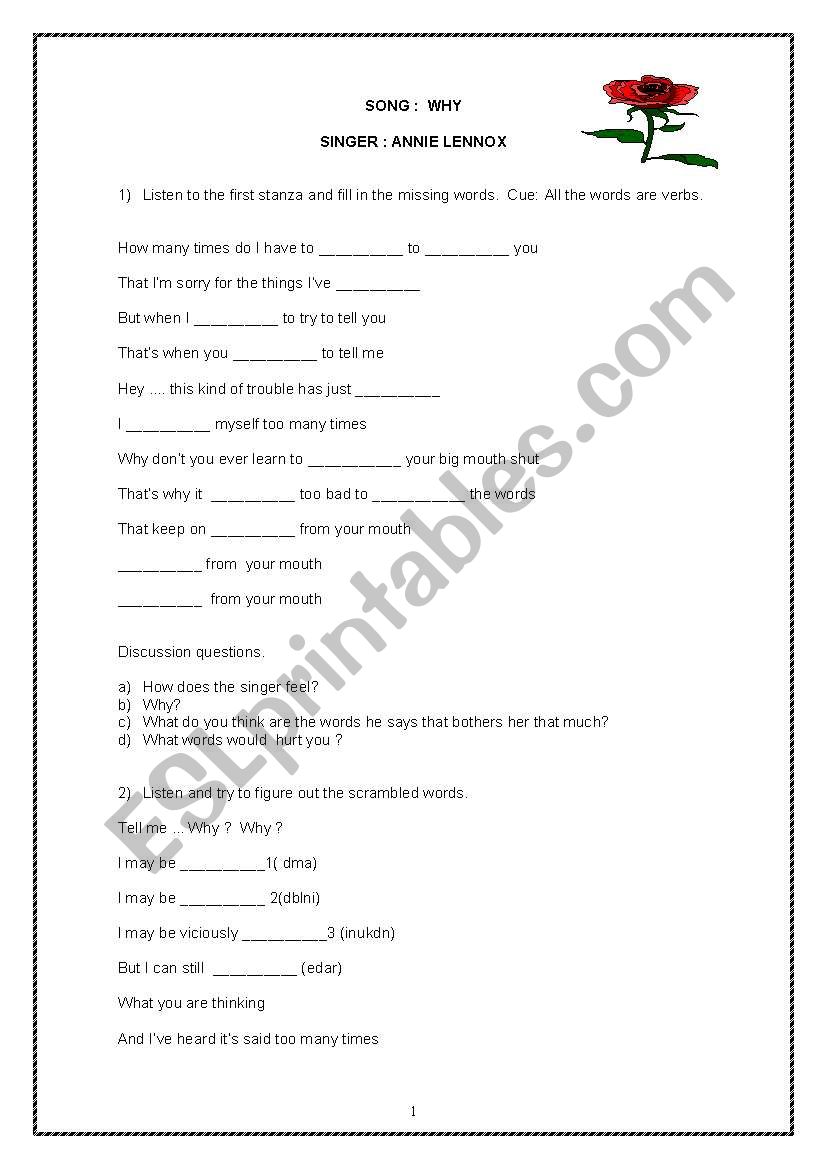 Song Why by Annie Lennox worksheet