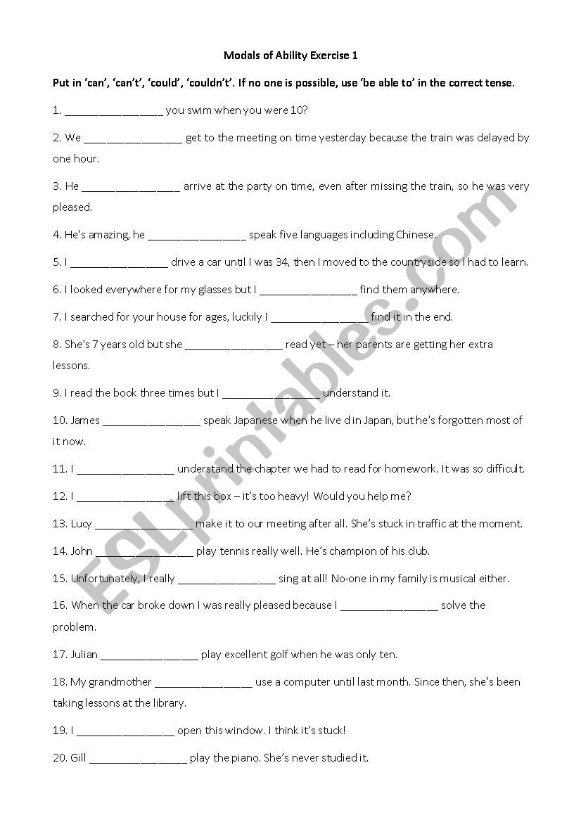 Modals of ability worksheet