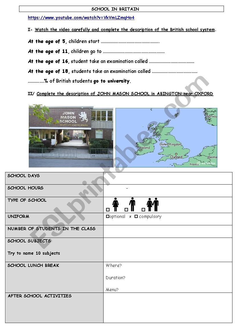 School  in Britain worksheet