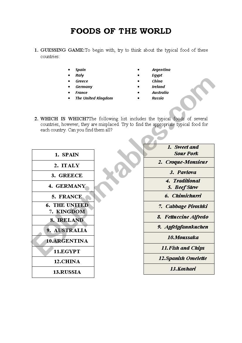 Foods of the world worksheet