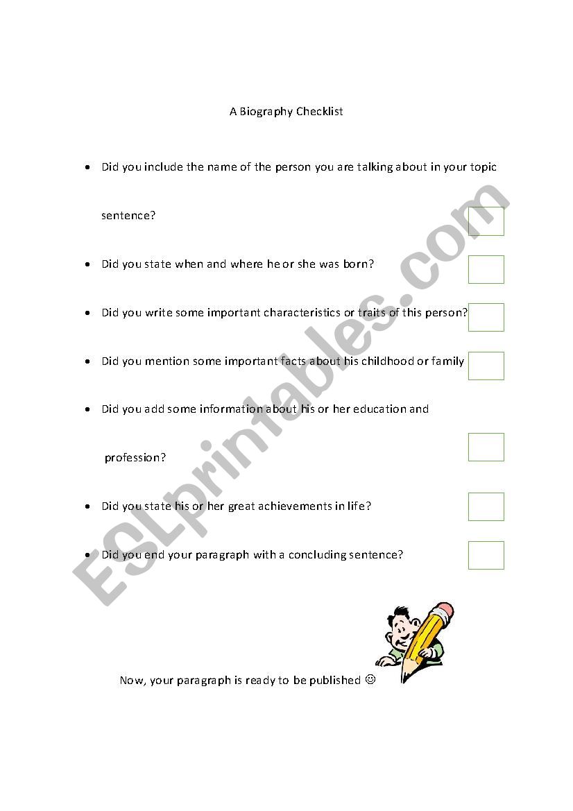 Biography checklist worksheet