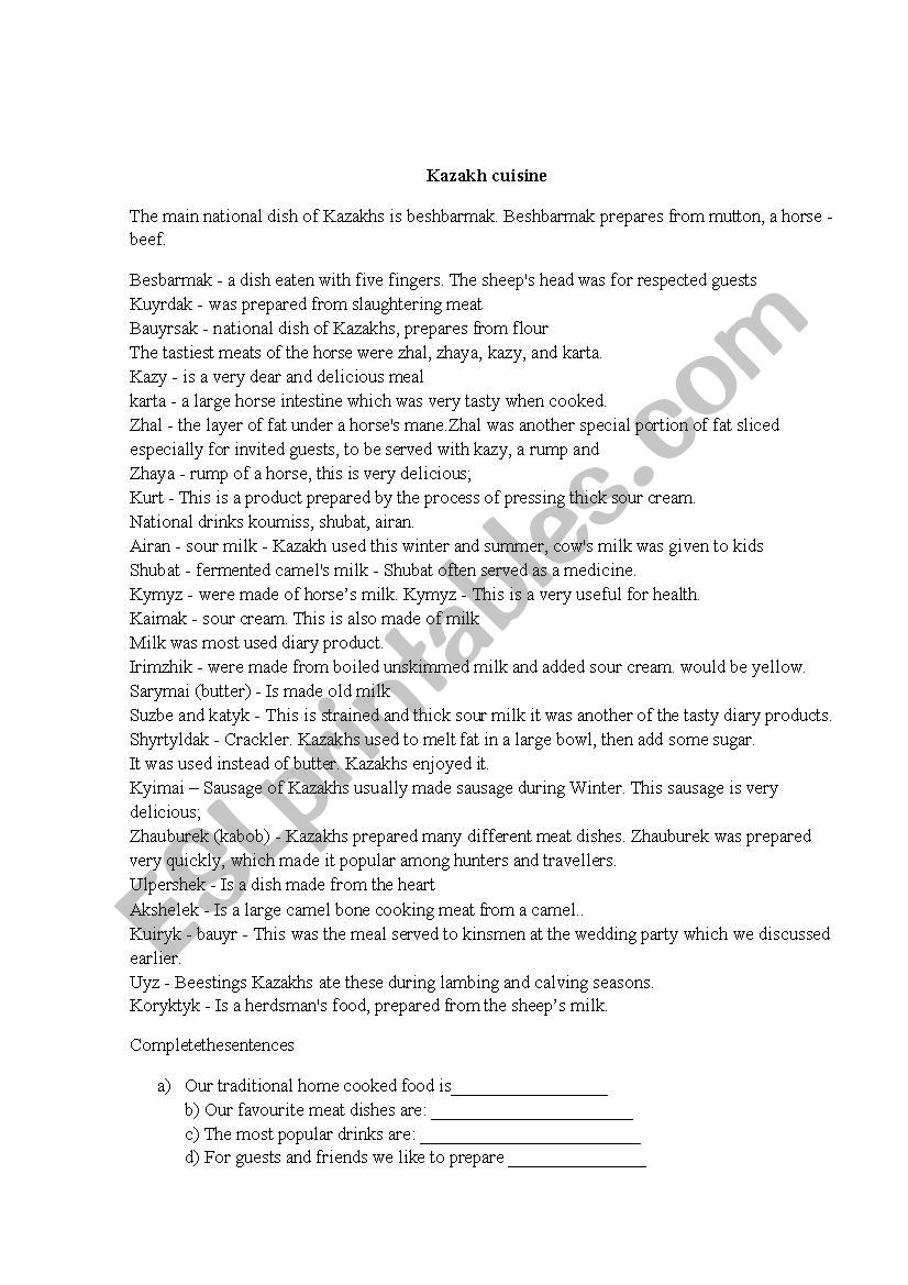 Kazakh cuisine worksheet