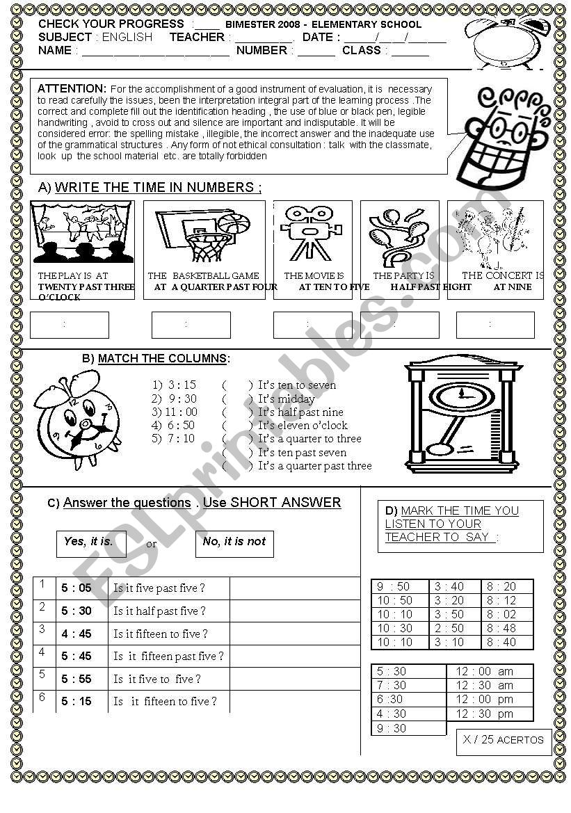WHAT TIME IS IT ? TEST worksheet WHAT TIME IS IT ? TEST worksheet