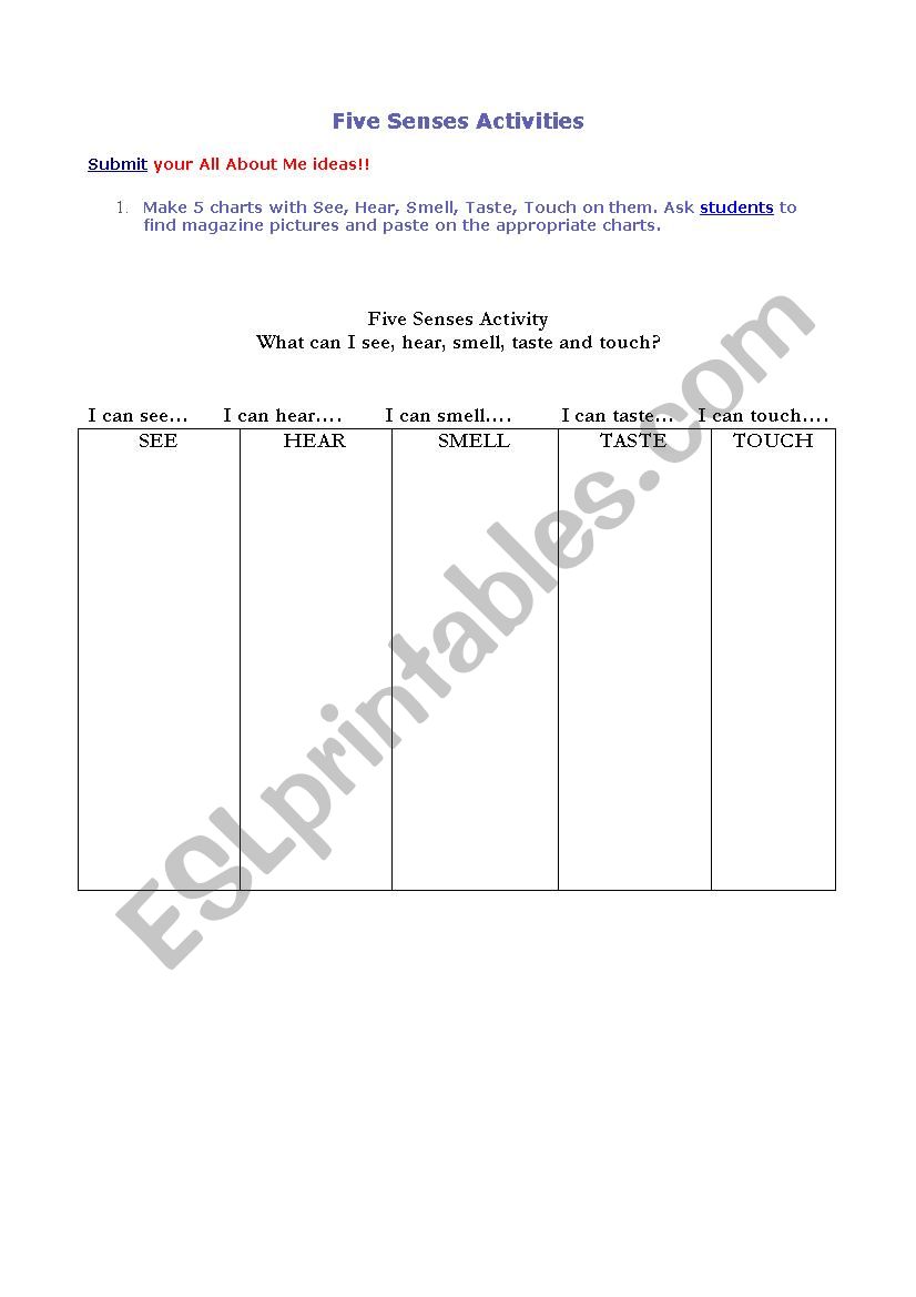 Five senses activities worksheet