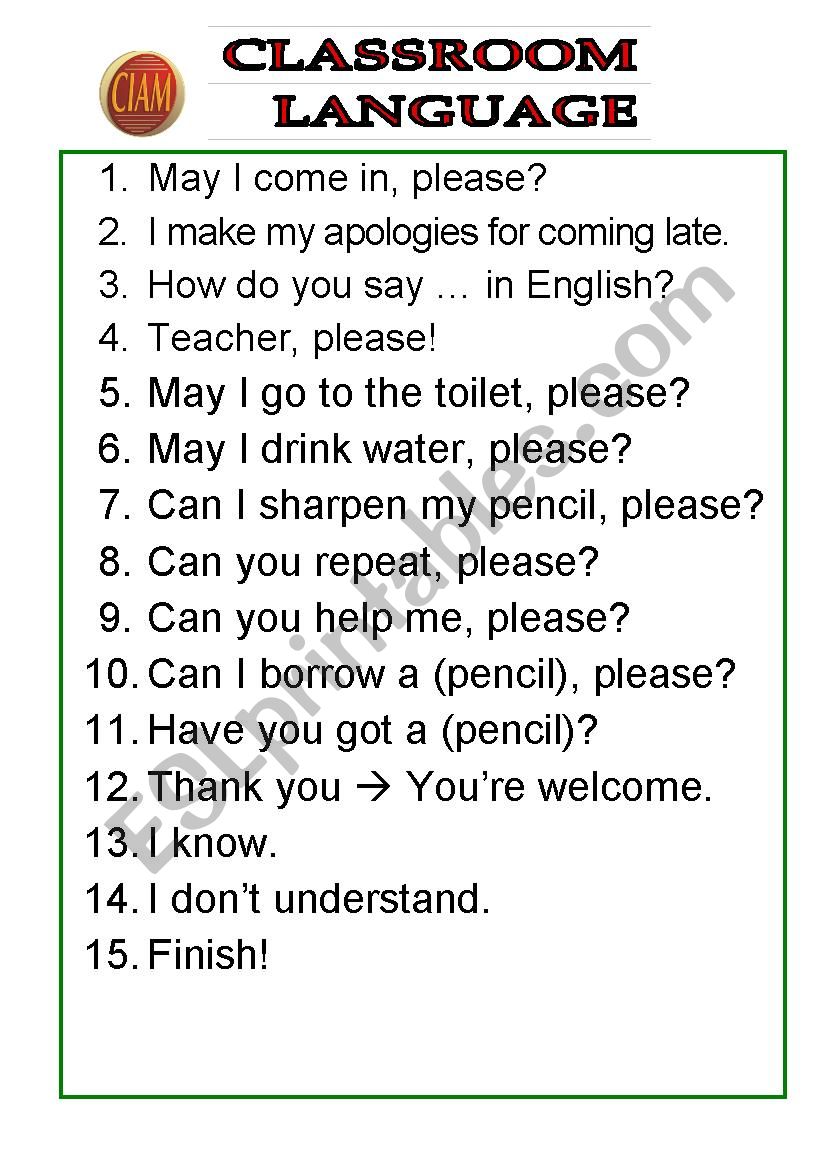 classroom language worksheet