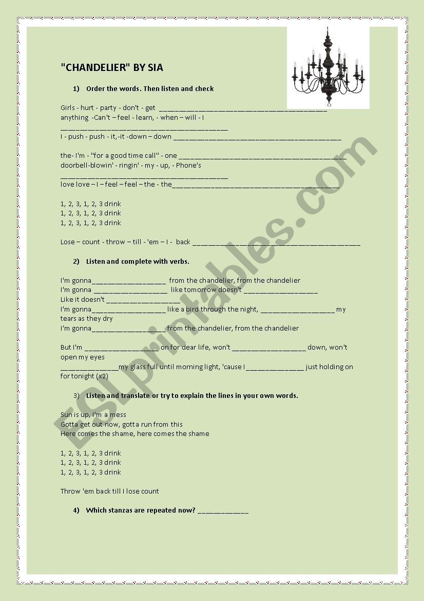 Chandelier by Sia worksheet