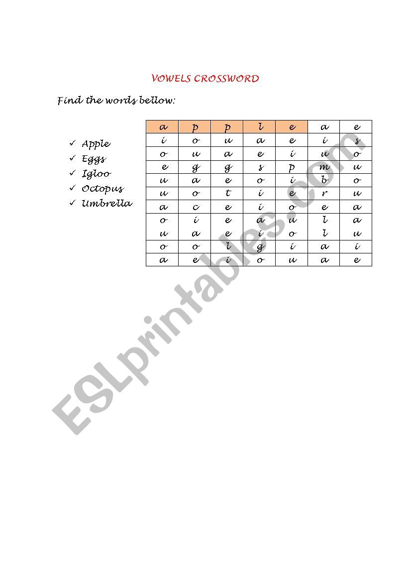 Vowels Crossword worksheet