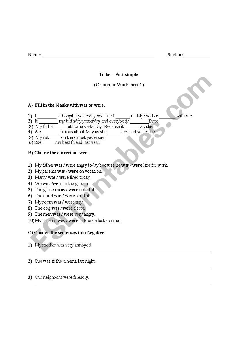 Past Simple Tense (To Be verbs)