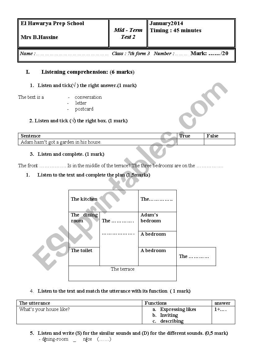 mid-semester test2 7th form worksheet