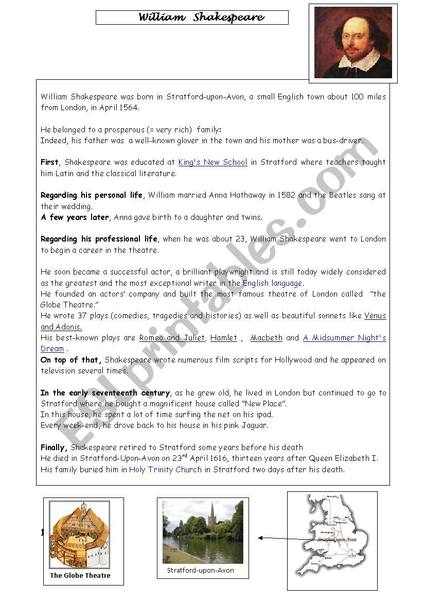 Shakespeares biography -  worksheet