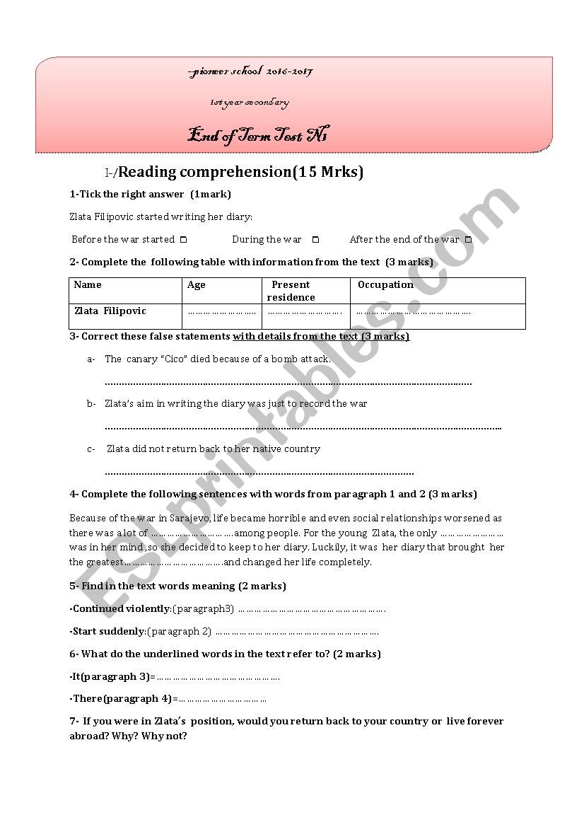 end of term test worksheet