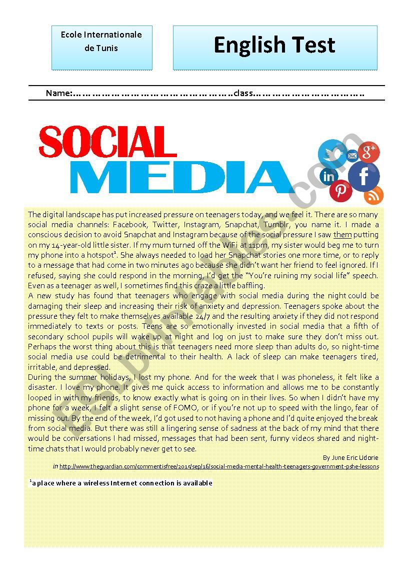 test about social networks worksheet