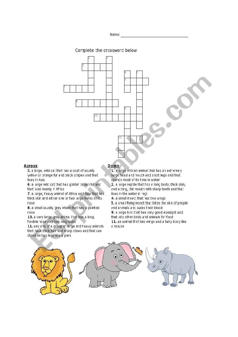 Wild animals crossword worksheet
