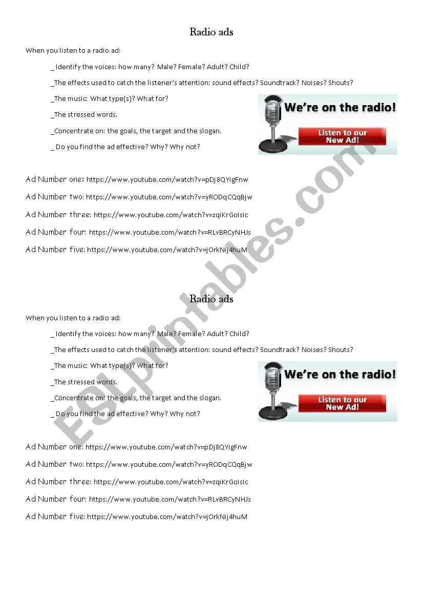 Radio ads worksheet