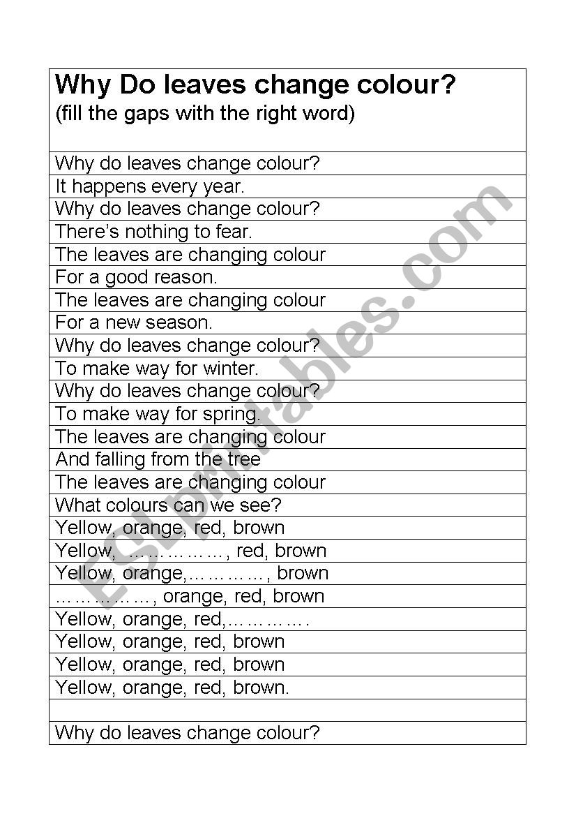 Why do leaves change colour worksheet