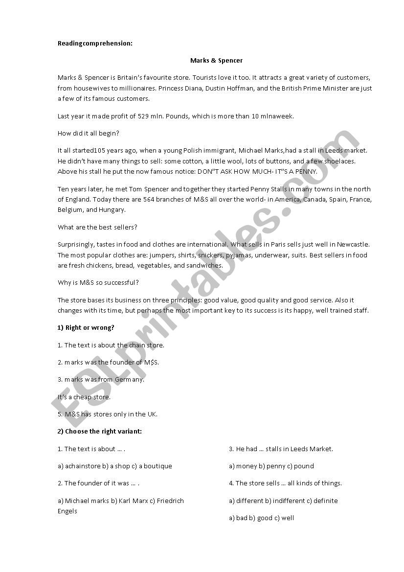 Reading comprehension worksheet