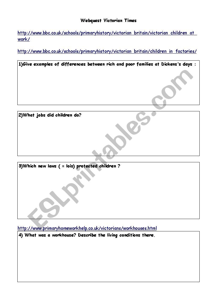 Victorian Times (webquest) worksheet