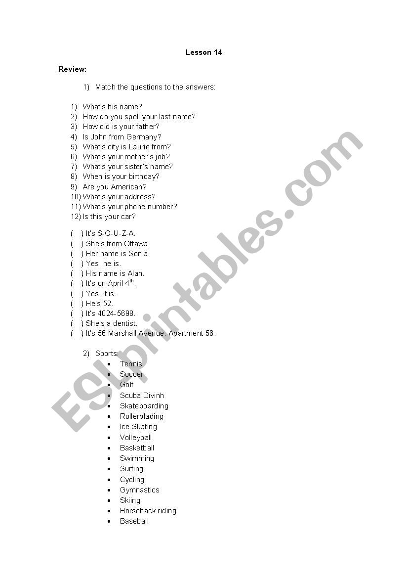 Sports class worksheet