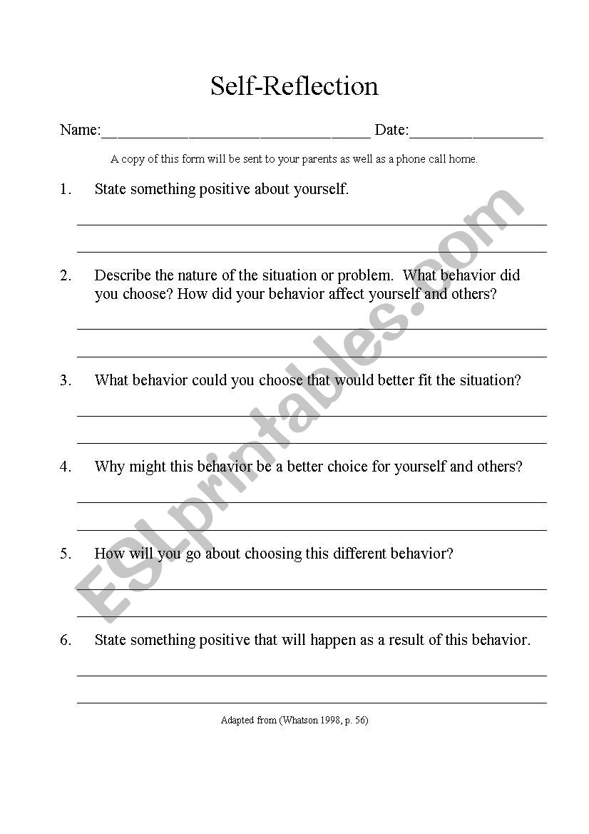 Behavioral Self Reflection worksheet