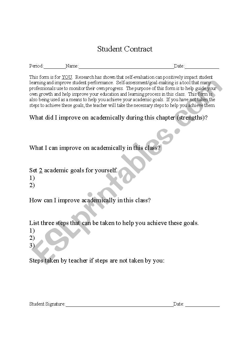 Academic Student Contract worksheet