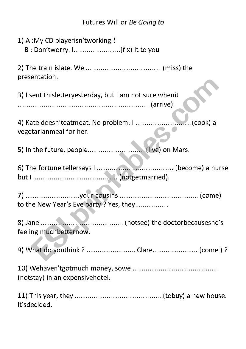 FUTURE will or going to worksheet