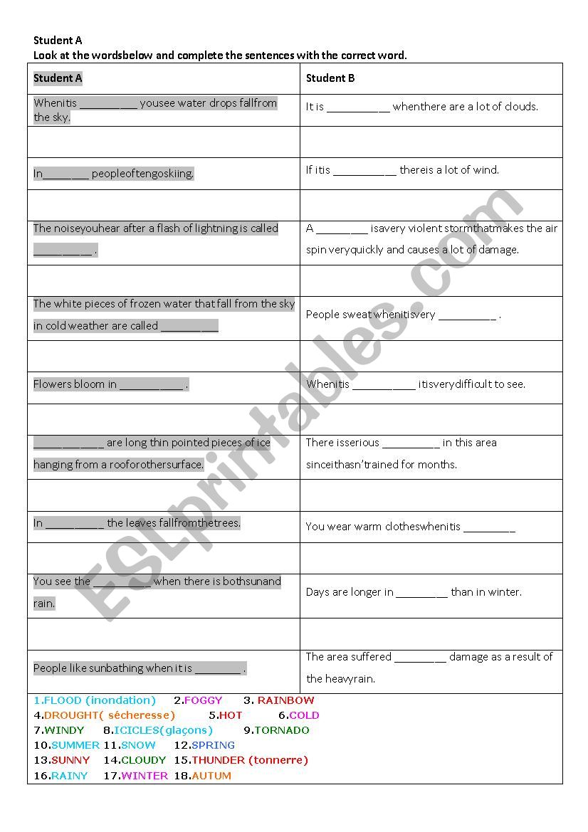 the weather pairwork worksheet