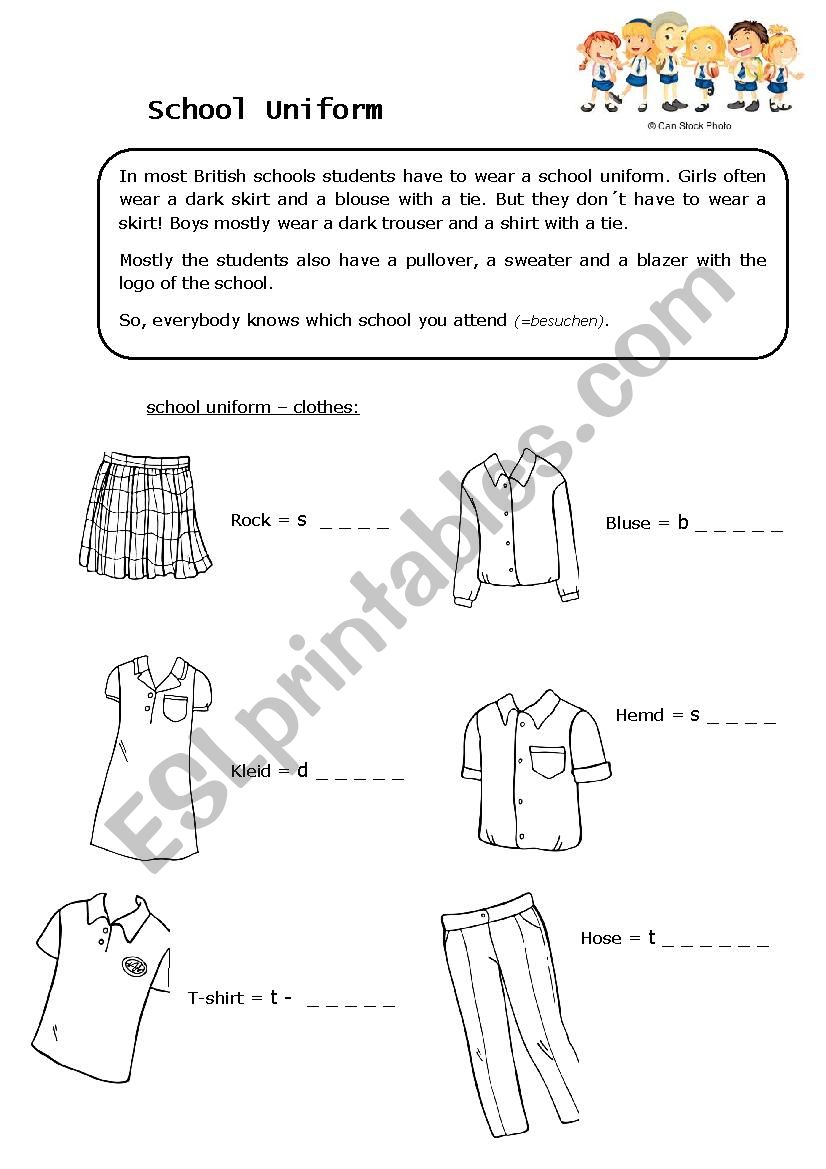 School uniform worksheet