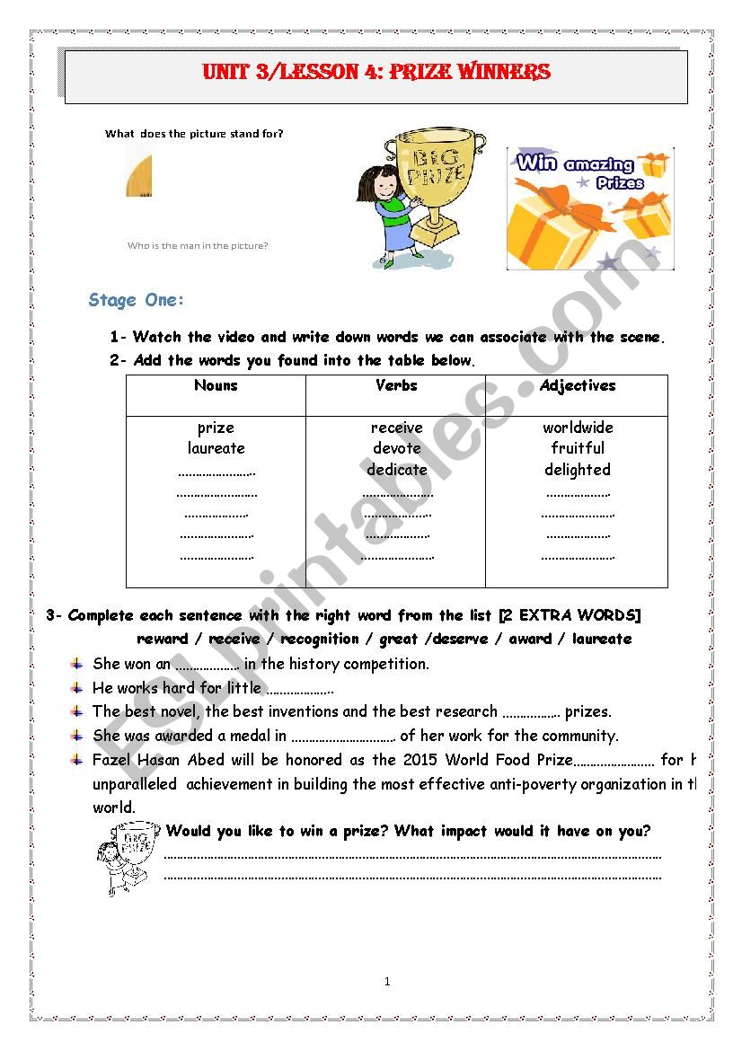 Unit 3 lesson 4 Prize winners worksheet