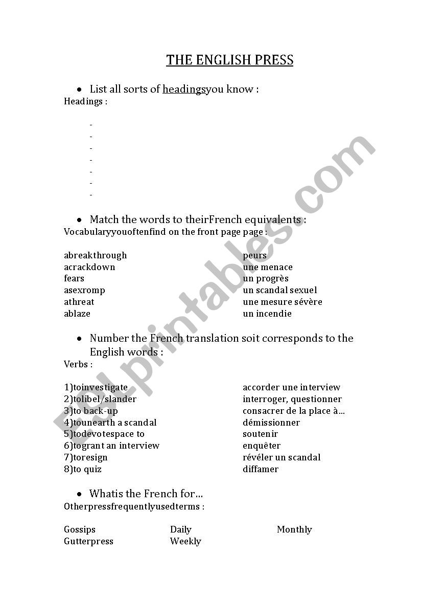 English Press worksheet