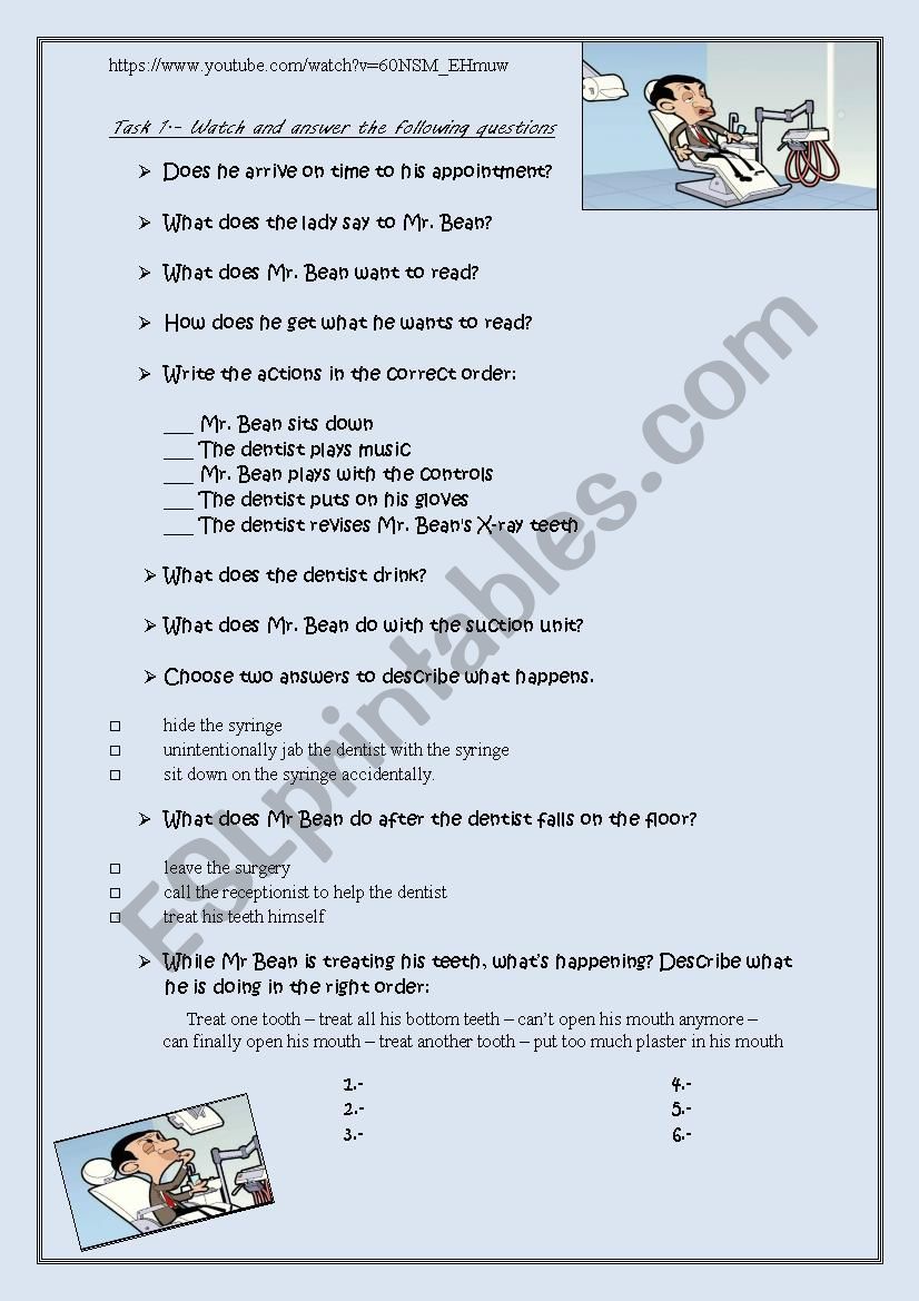 Mr. Bean visits the dentist worksheet