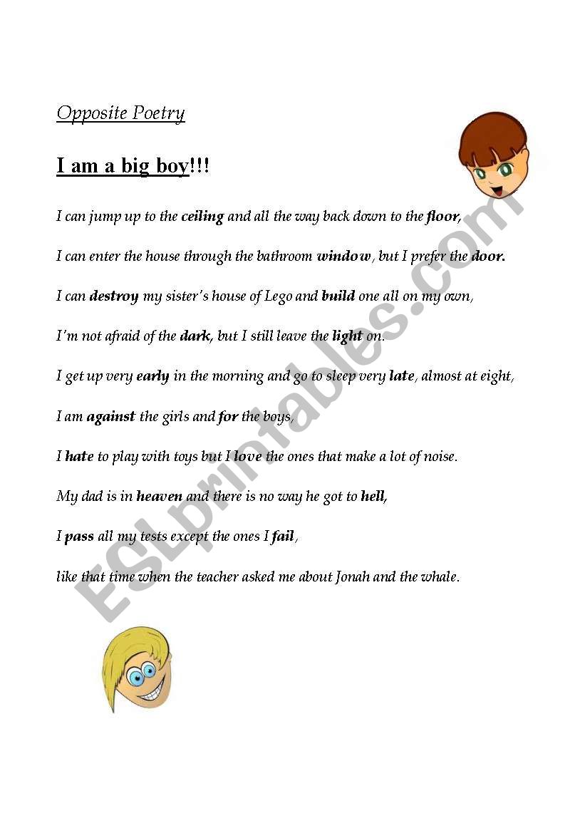 Opposite poetry worksheet