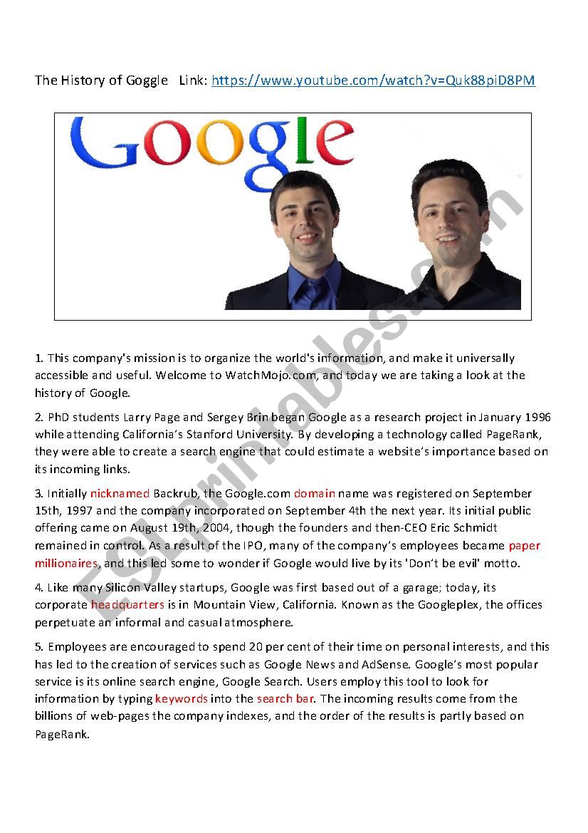 The History of Google worksheet