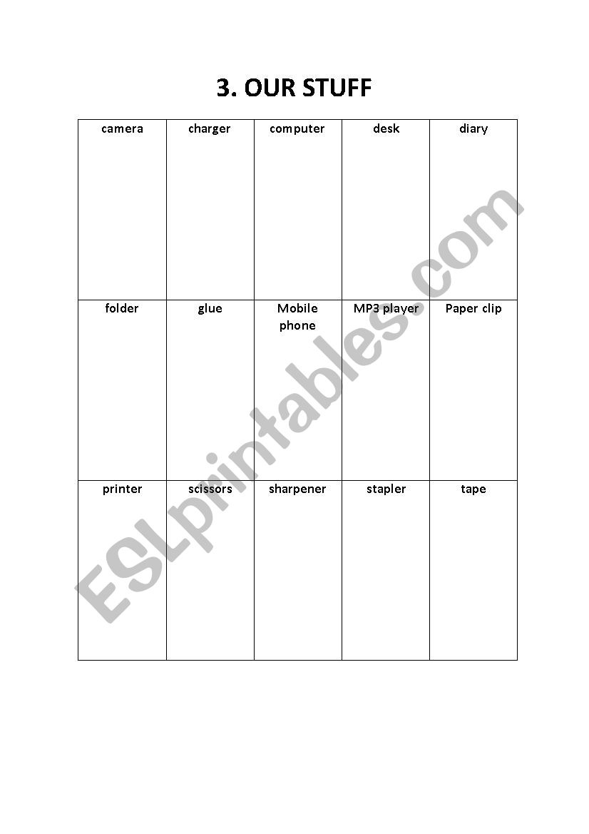Our stuff BINGO worksheet