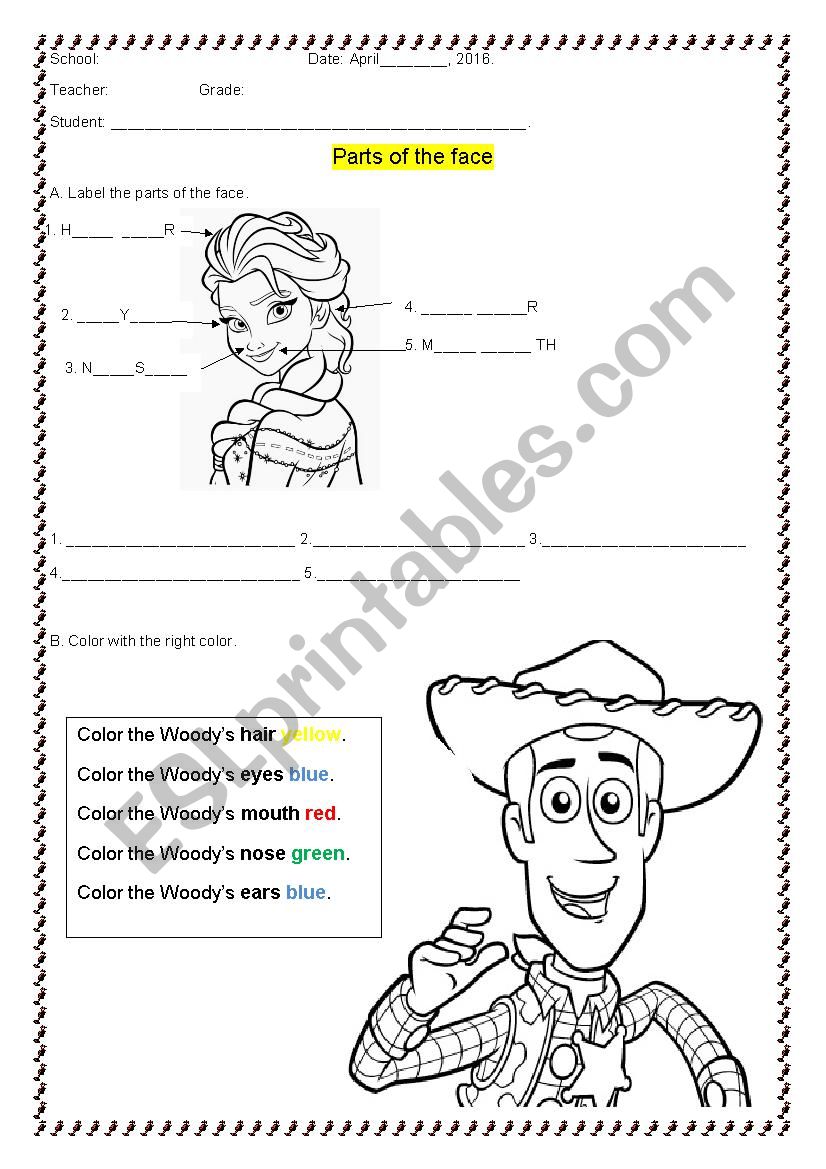 Parts of the face worksheet