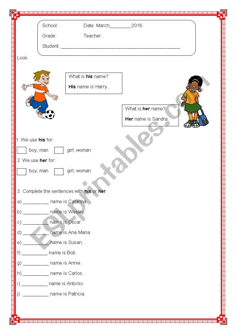 Family and pronouns his / her worksheet