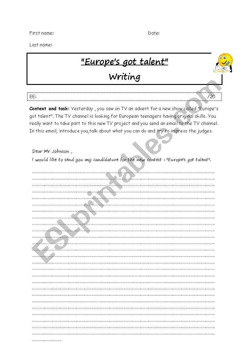 europes got talent writing worksheet