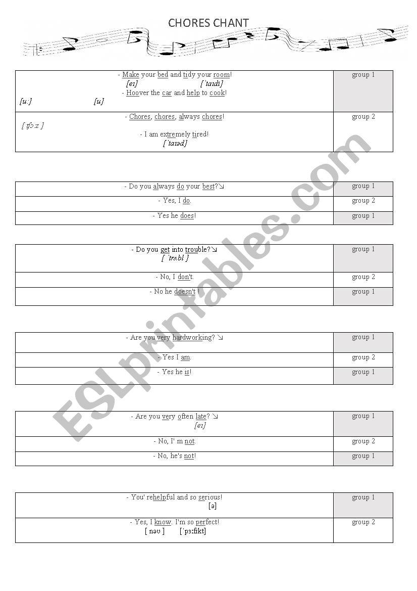 Chores chant worksheet