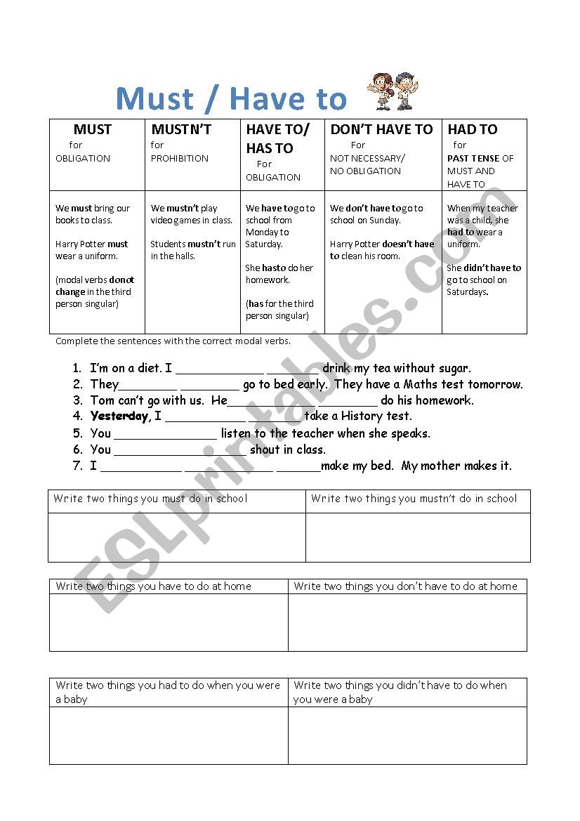 MUST OR HAVE TO - ESL worksheet by felizapenas