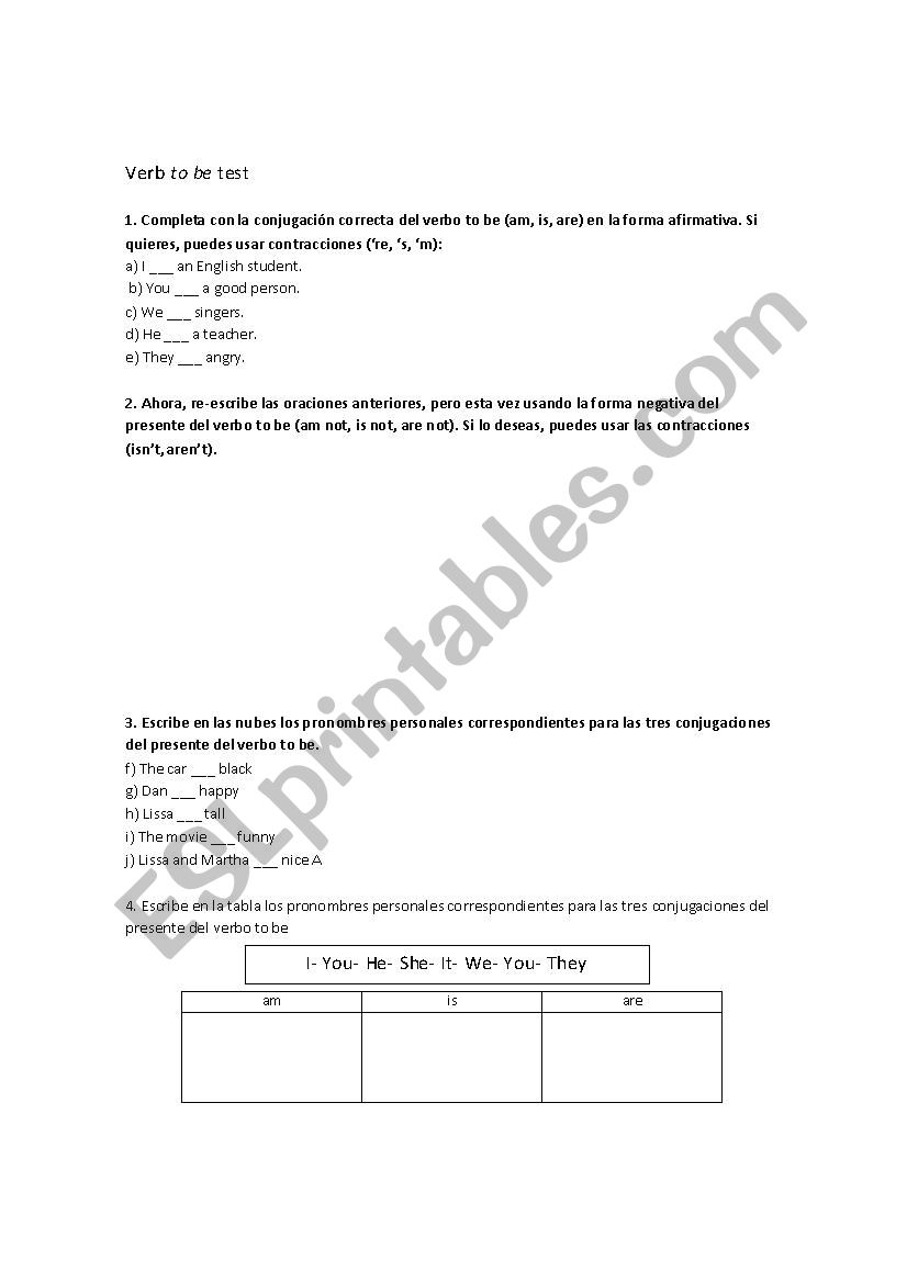 Verb to be test worksheet