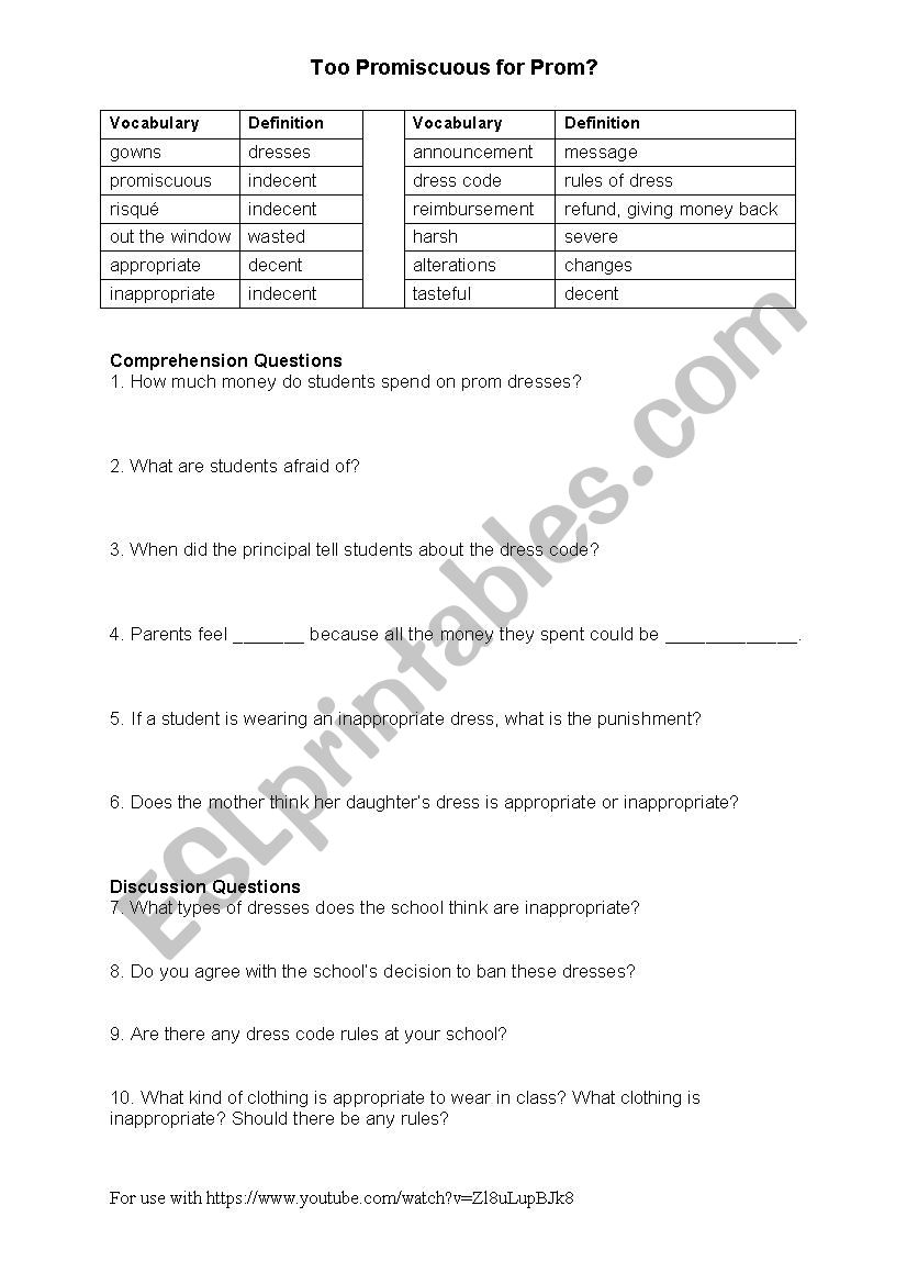 Prom Dress Code worksheet
