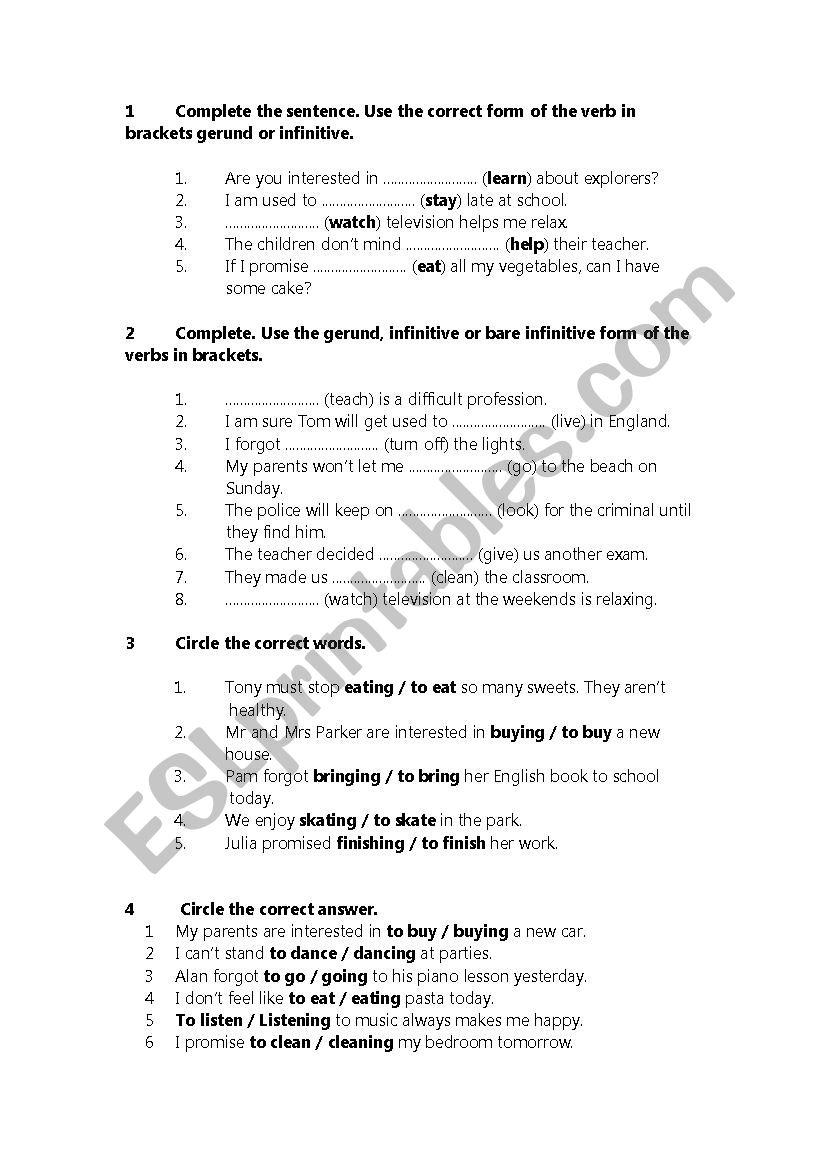 Gerunds and Infinitives worksheet