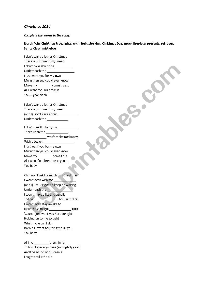 All I want for Christmas song worksheet
