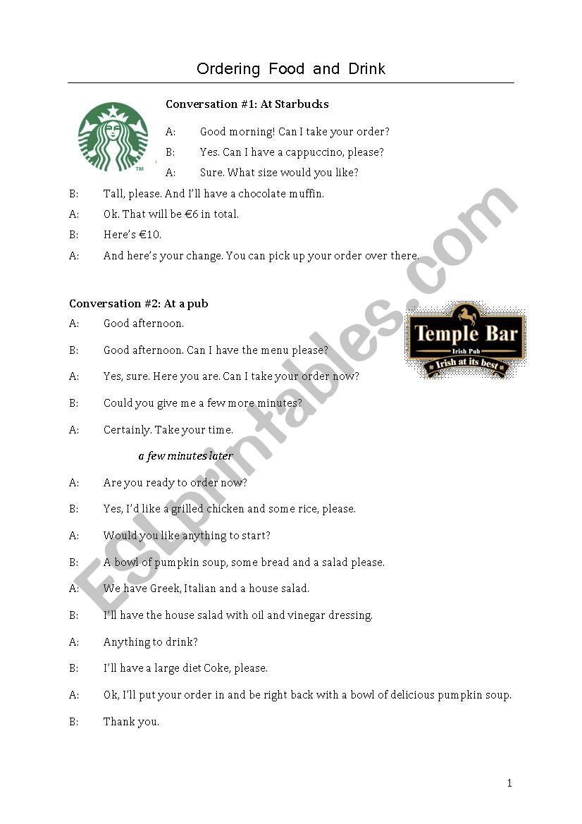 Ordering food & drink worksheet