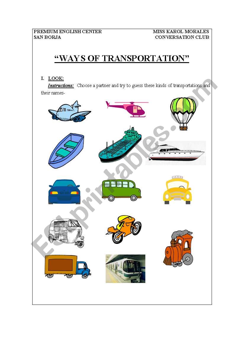 ways of transpotation worksheet