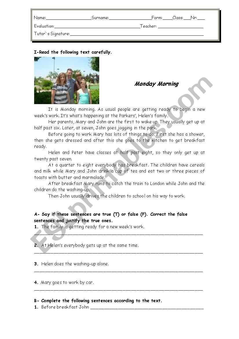 Monday morning worksheet