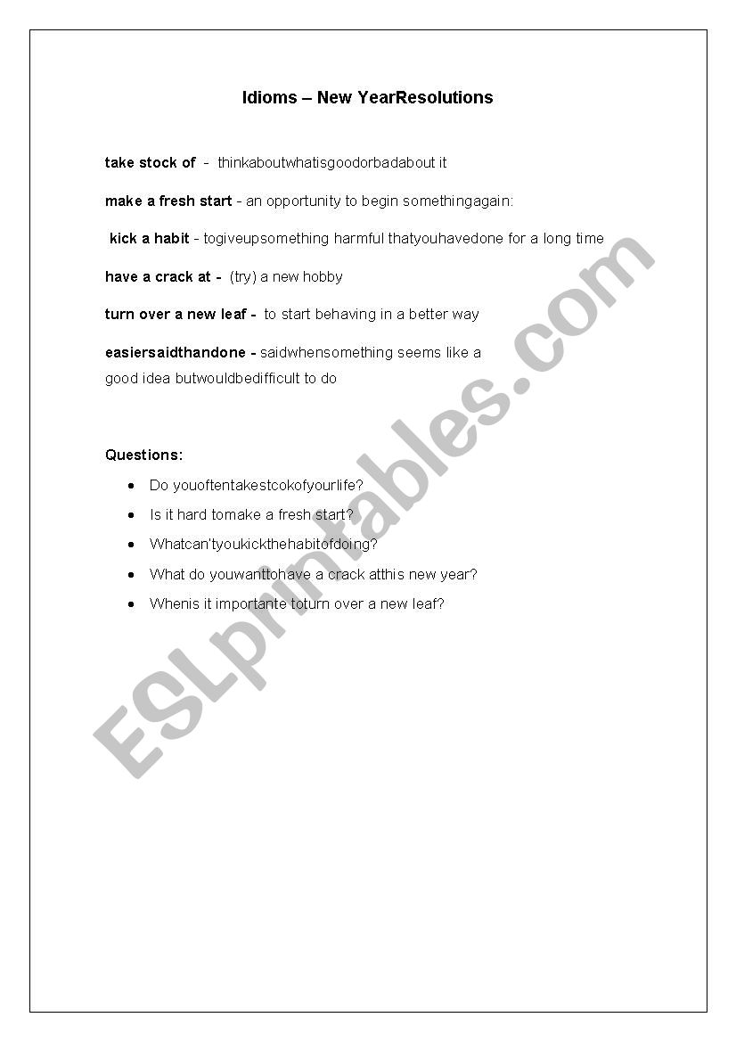 New Years Resolutions Idioms worksheet