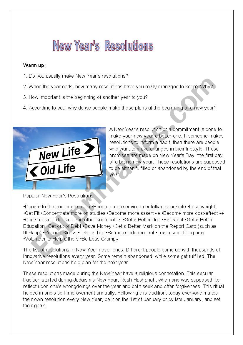 New Years Resolution Part 3 worksheet